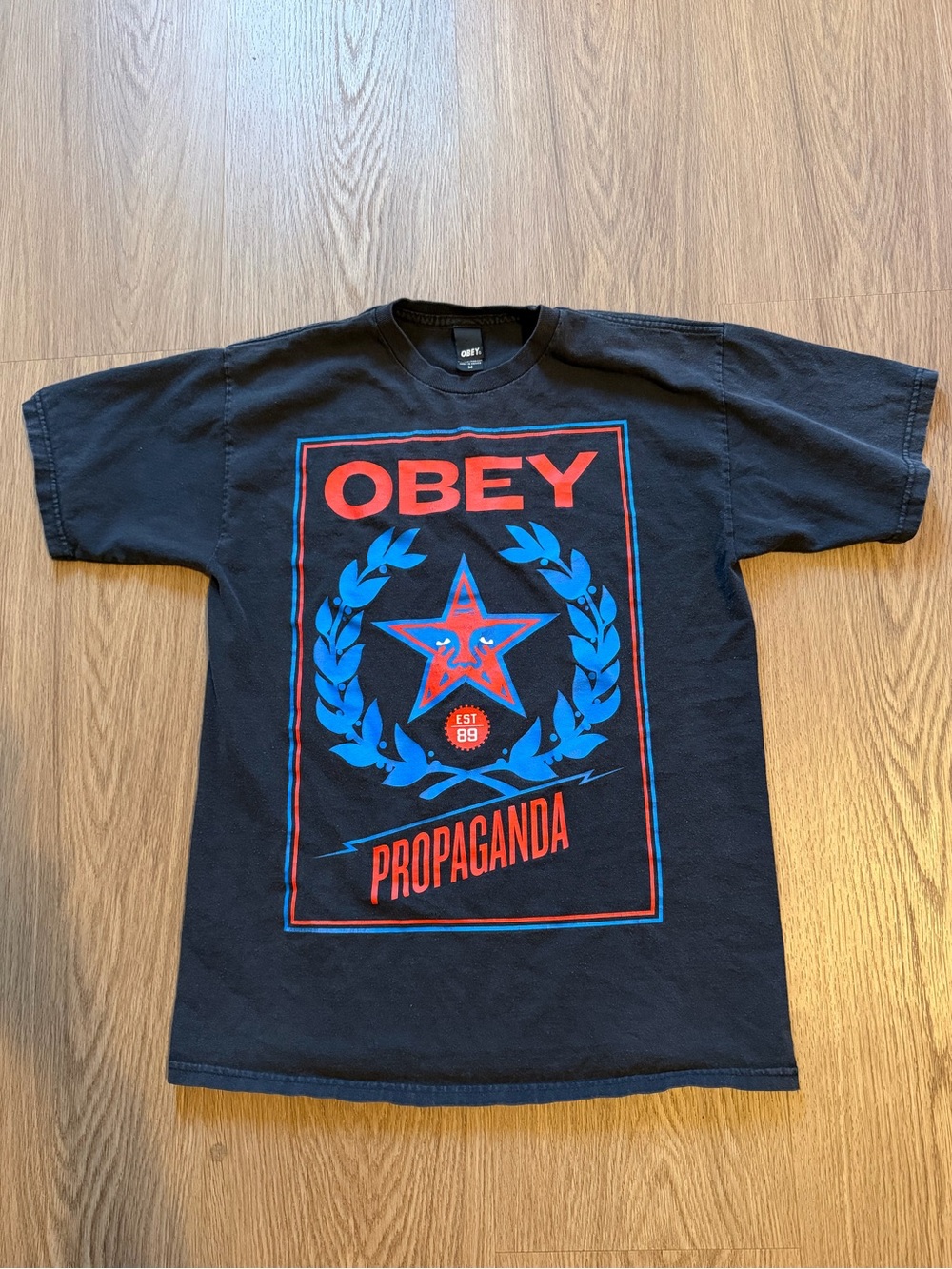 Obey Black Graphic Tee with Red and Blue Propaganda Print
